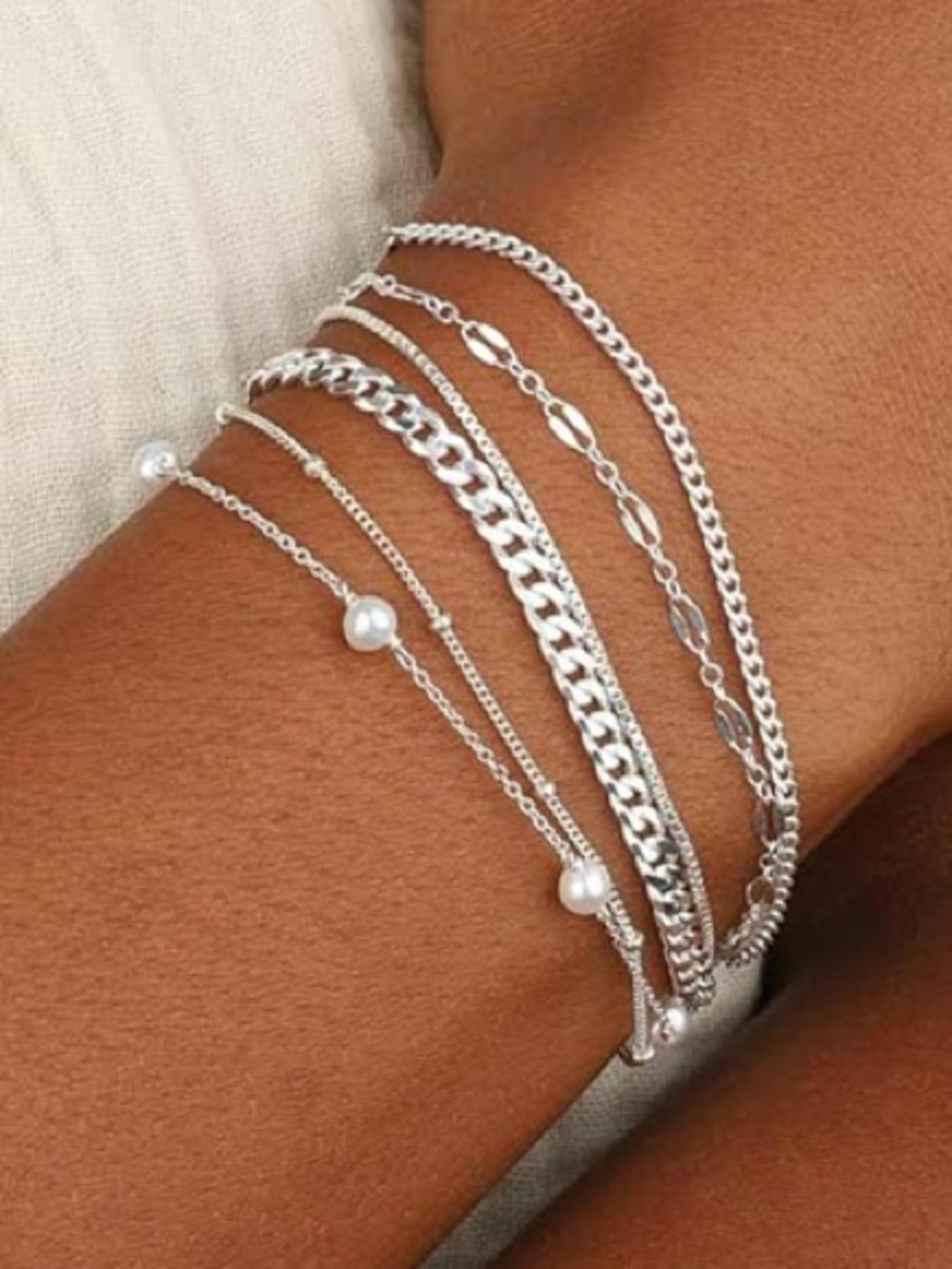 Sterling Silver Plated Thin Waterproof Layered Pearl Accent Bracelet Set